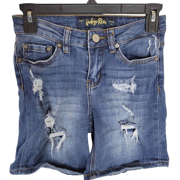 Indigo Rein Womens Size 1  25 Blue Solid Jean Distressed Denim Shorts - Picture 1 of 12